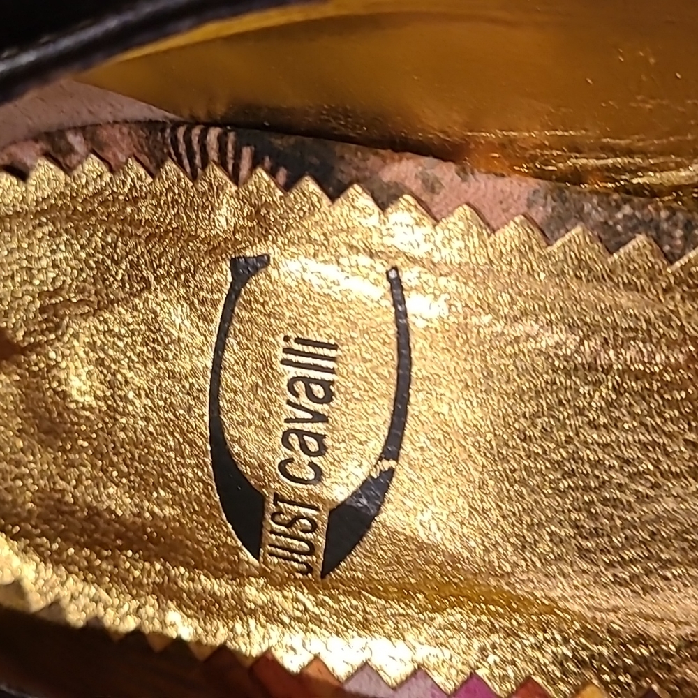 Just Cavalli sandals size 41.5 black printed leather metal logo accessories - Picture 3 of 13